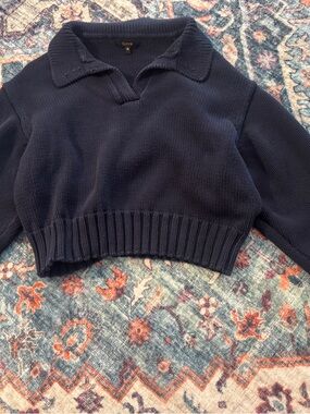 Quince Navy Cropped Polo Collar Knit Sweater - 100% Cotton - Size Small